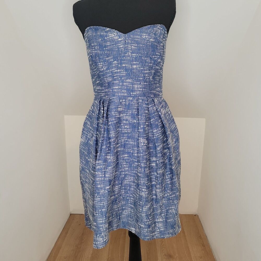 Vtg Shoshanna Tweed Wool Dress Size 8 Strapless Pocket Blue Sweetheart Cocktail